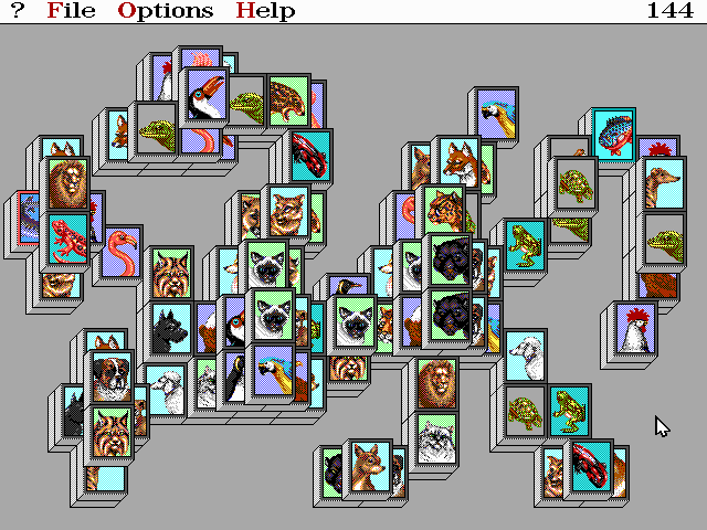 Shanghai II: Dragon's Eye (DOS) screenshot: Dragon layout with Animals tiles (Easy)