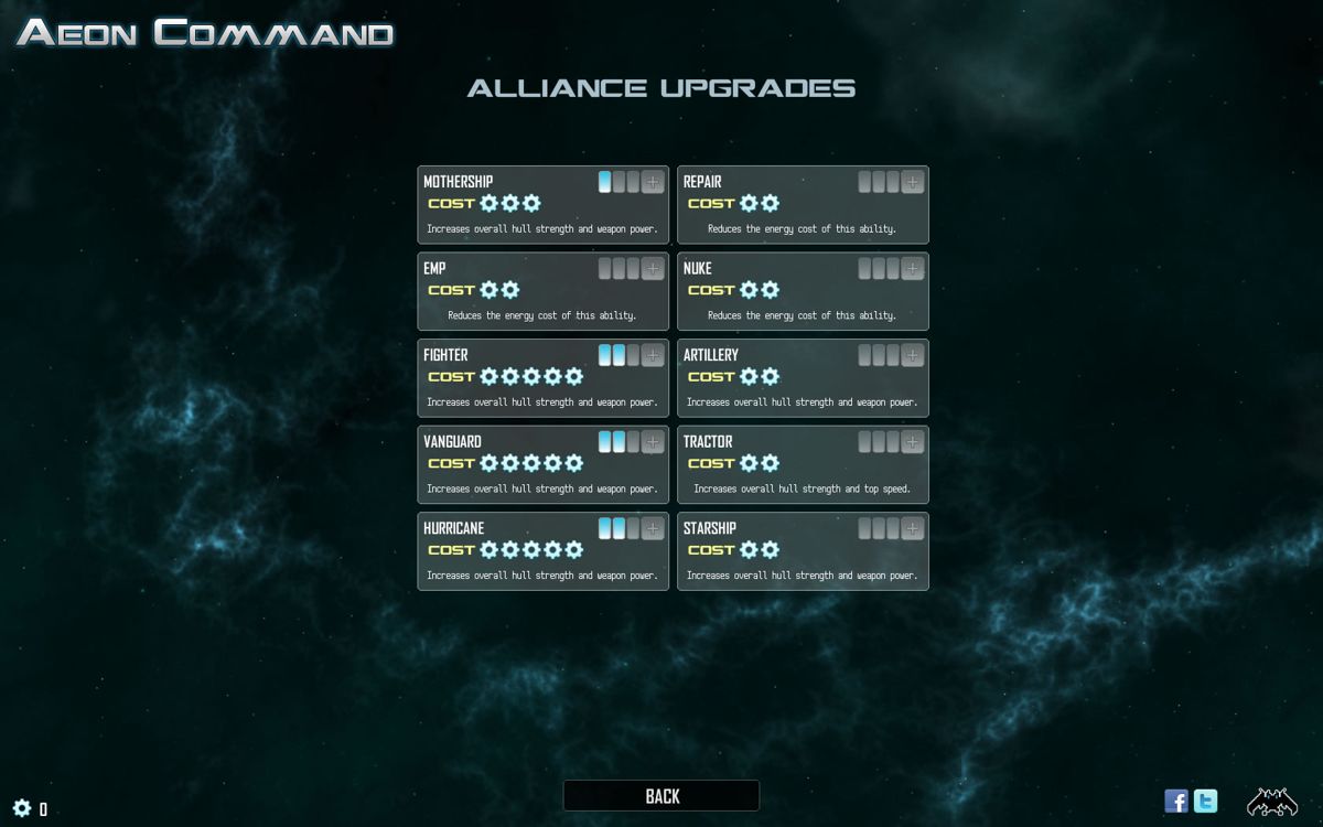 Aeon Command (Windows) screenshot: Spending gear on the Alliance upgrades.