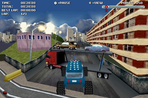 Stuntcar Extreme (Zodiac) screenshot: Doing a long stunt jump on Metropolitan track