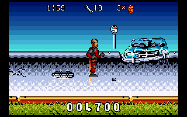 The Incredible Crash Dummies (Amiga) screenshot: Jumping parking meters
