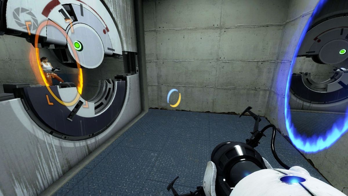 Portal 2 (Macintosh) screenshot: Chell in a view from port to port