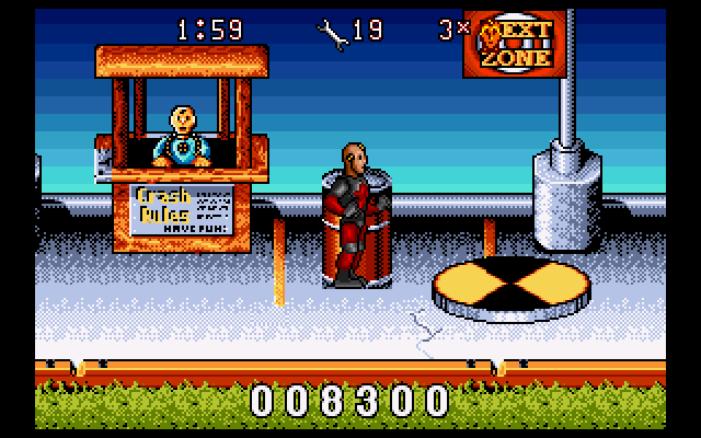 The Incredible Crash Dummies (Amiga) screenshot: Jump on the spinning disc to enter next level