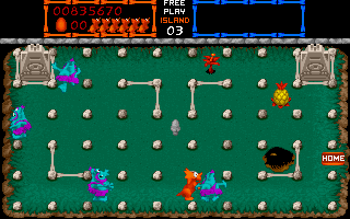 Trog! (DOS) screenshot: The Ice Cube stops all the Trogs in their tracks