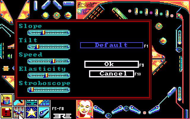 Macadam Bumper (DOS) screenshot: editor features, change playfield attributes