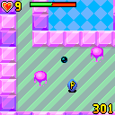 Sphere Madness (ExEn) screenshot: You can catch the bonus (P) to win points. But beware of the enmies around you (pink blobs)