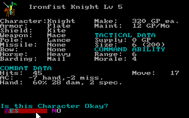 Sword of Aragon (DOS) screenshot: Character building