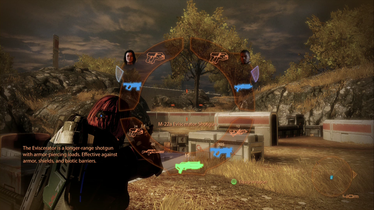 Mass Effect 2 (Xbox 360) screenshot: Opening the weapon selection menu.