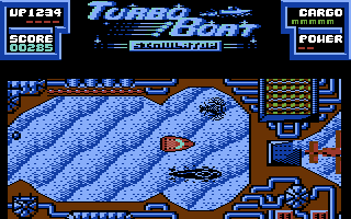 Turbo Boat Simulator (Commodore 64) screenshot: A dead end! Quick, turn around!