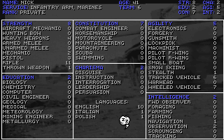 Twilight: 2000 (DOS) screenshot: Skill Stats