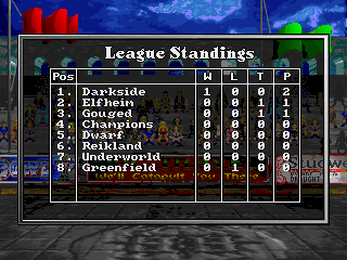 Blood Bowl (DOS) screenshot: League standings.