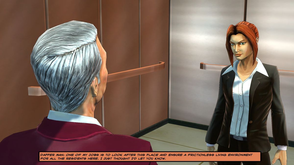 Cognition: An Erica Reed Thriller - Episode 3: The Oracle (Windows) screenshot: Talking to the elusive man at the Enthon Towers.