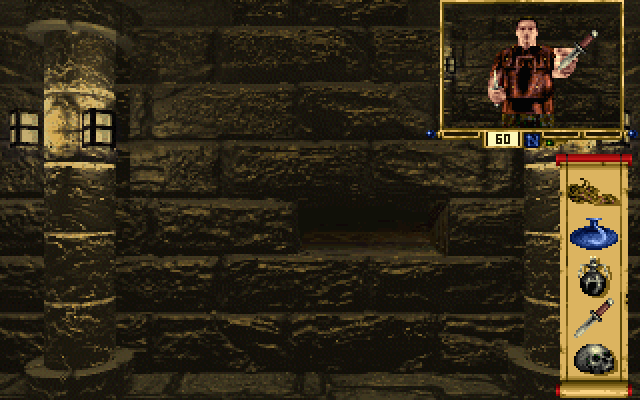 Stonekeep (DOS) screenshot: Equipping Drake with another dagger (note the concealed alcove on the wall)