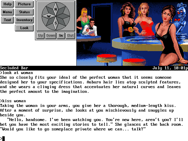 Frederik Pohl's Gateway (DOS) screenshot: Gateway is not all about exploring exotic planets! In a nod to Legend's own Spellcasting series, there be ladies here as well!..