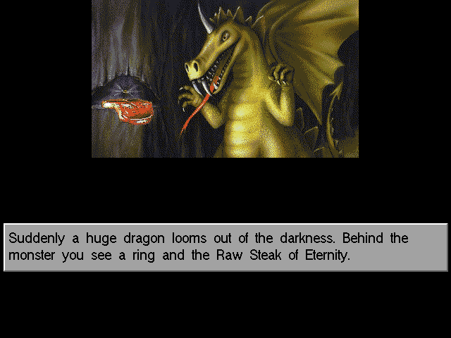 Eric the Unready (DOS) screenshot: A cutscene with the Raw Steak of Eternity