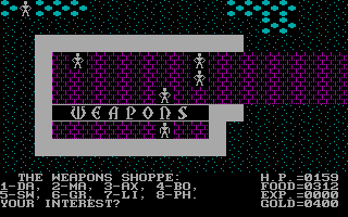 Ultima Collection (DOS) screenshot: Ultima II - Game - Getting new weapons
