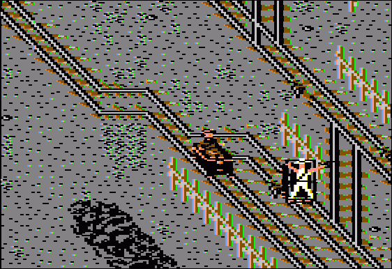 Indiana Jones and the Temple of Doom (Apple II) screenshot: Indy's flyin' out of the cart!