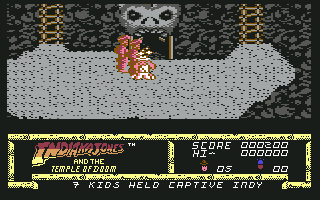 Indiana Jones and the Temple of Doom (Commodore 64) screenshot: Busted by one of the Thugee guards