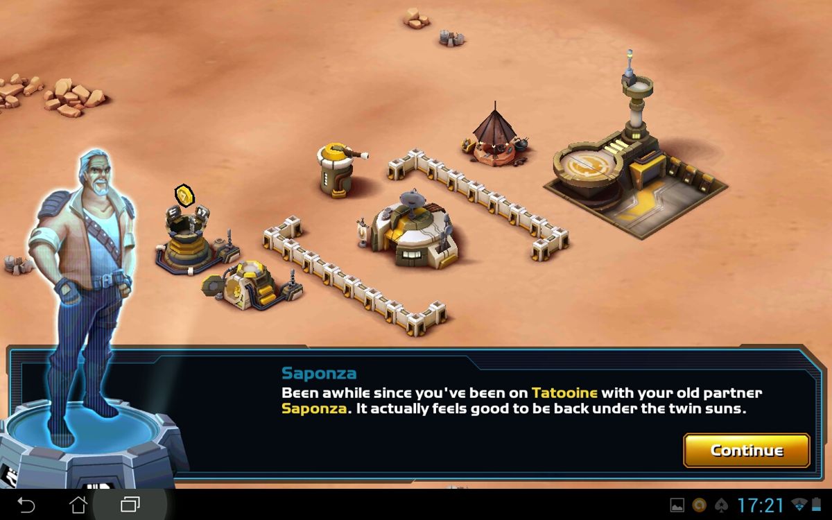 Star Wars: Commander (Android) screenshot: Starting off on Tatooine. Mission objectives and story are provided through chat boxes such as these.