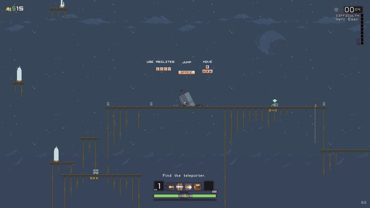 Risk of Rain (Windows) screenshot: The game will show you instructions the first time you spawn.