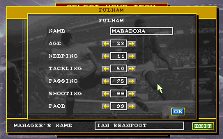 Ultimate Soccer Manager (DOS) screenshot: Editing a player (yes, you can make a players all with 99 ratings)