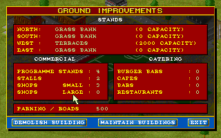 Ultimate Soccer Manager (DOS) screenshot: Improving the ground