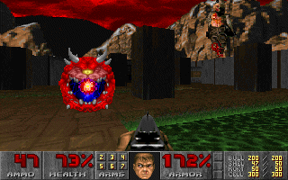 The Ultimate Doom (DOS) screenshot: Interrupting a cacaodemon's meal of twitching corpse