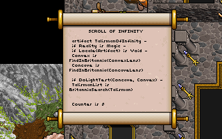 Ultima VII: Forge of Virtue (DOS) screenshot: Ah... wacky programming jokes.