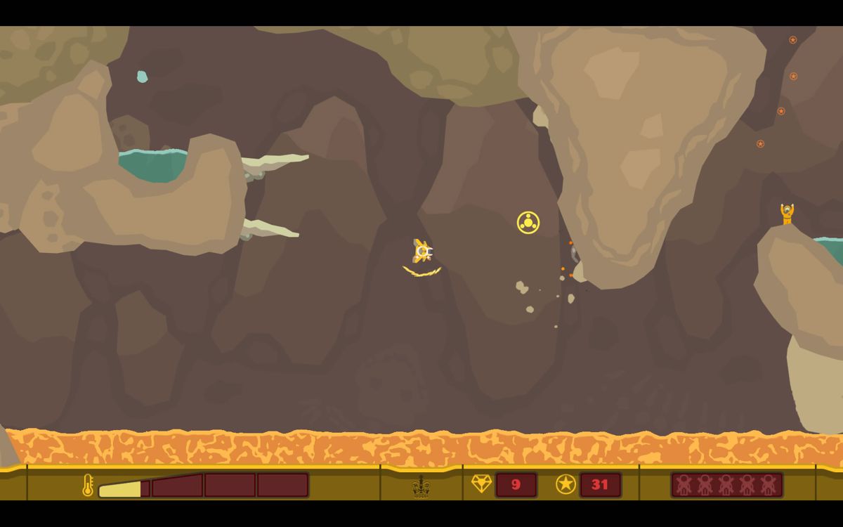 PixelJunk Shooter (Windows) screenshot: The yellow line below my ship shows the magma is damaging me. To the right is protection power-up that can be grabbed.