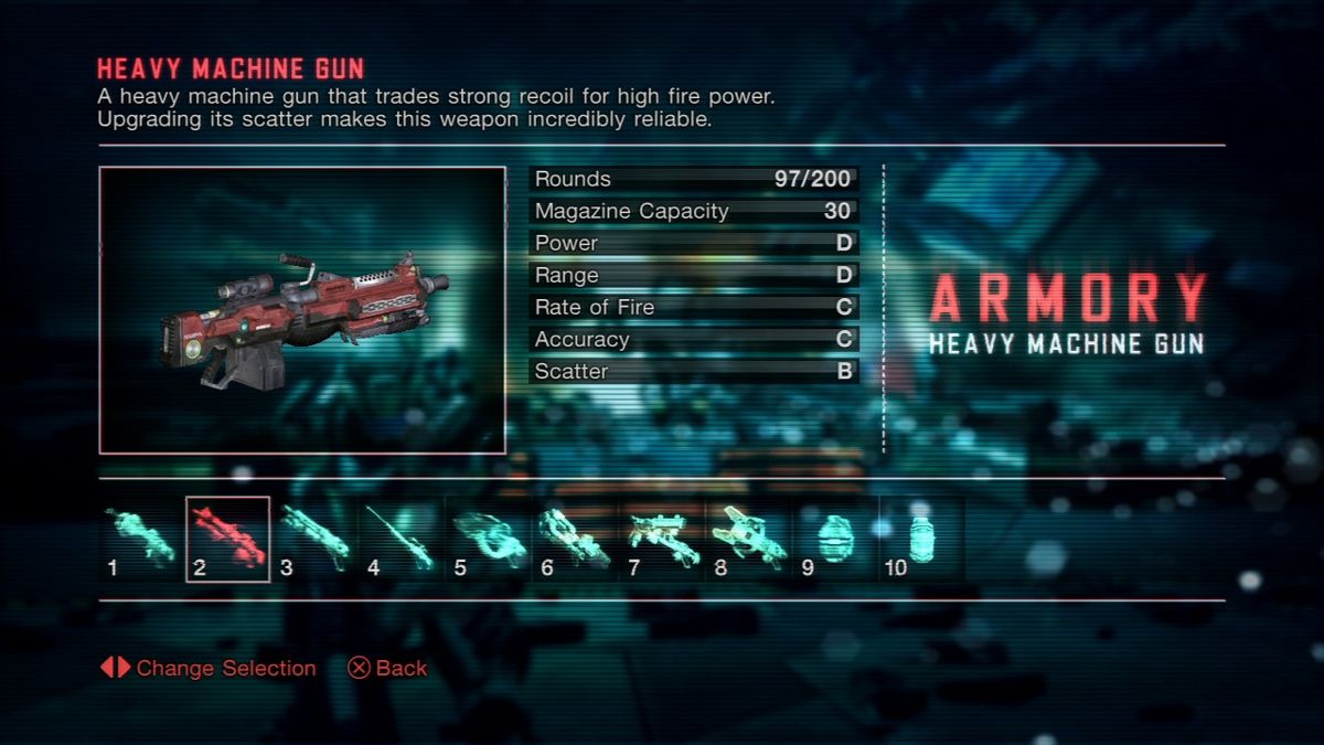 Vanquish (PlayStation 3) screenshot: You can check weapons info in the armory.