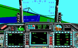 F-16 Combat Pilot (DOS) screenshot: This suspension bridge marks the peak of detail in the EGA landscapes. Still, not bad for 1989.