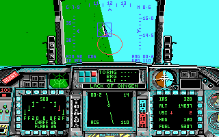 F-16 Combat Pilot (DOS) screenshot: Getting that close to enemy fighters for a dogfight is highly unusual...