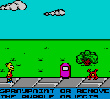 The Simpsons: Bart vs. the Space Mutants (Game Gear) screenshot: Here it all starts. In this first stage, Bart must get rid of purple objects, like that trash can.