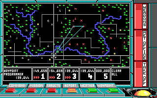 F-16 Combat Pilot (DOS) screenshot: Setting waypoints on the the tactical map. It displays allied as well as enemy installations, from SAM sites to factories.