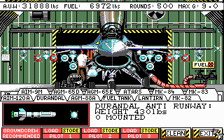 F-16 Combat Pilot (DOS) screenshot: A man's playground: pre-flight weapon selection.