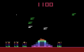 M.A.D. (Atari 2600) screenshot: The enemies will turn white just before they drop out of the sky
