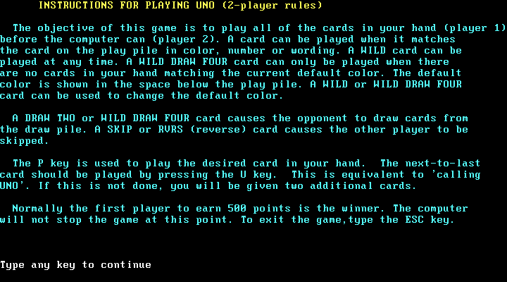 Uno (DOS) screenshot: Instructions