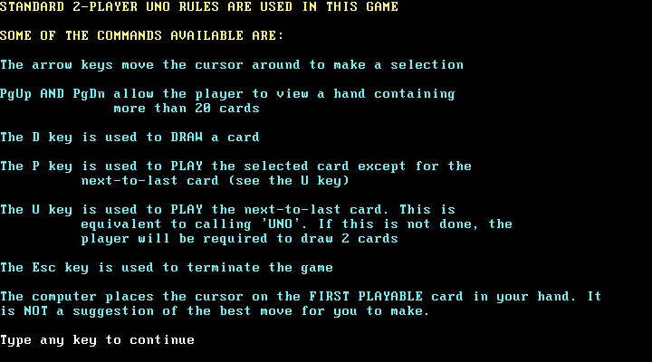 Uno (DOS) screenshot: Rules