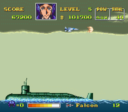 U.N. Squadron (SNES) screenshot: Attacking their navy submarine