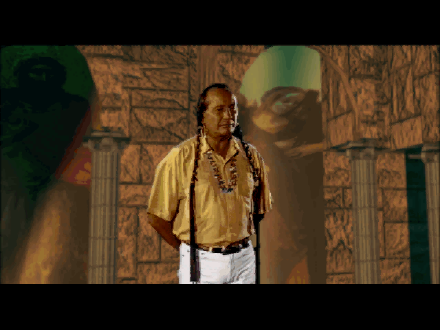 Under a Killing Moon (DOS) screenshot: Russell Means as 'The Chameleon'