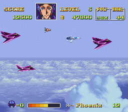 U.N. Squadron (SNES) screenshot: Stealth bombers, watch out for missiles and bombs