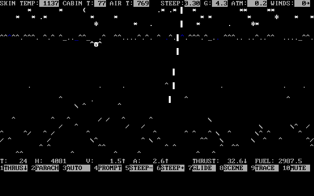 Tommy's Lander (DOS) screenshot: The game has an option to play in monochrome, this is how it looks. This shot also shows one of the game's features, a lightning storm which, later on, destroyed the lander while it was in-flight