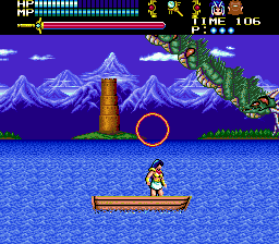 Valis III (Genesis) screenshot: Boss fight against a water snake