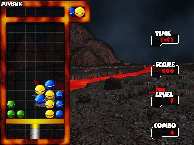 Drop and Blow (Windows) screenshot: Playing a Free game Here some balls have just disappeared and when the yellow balls settle they will form a group of four and will this explode, closely followed by the blue balls