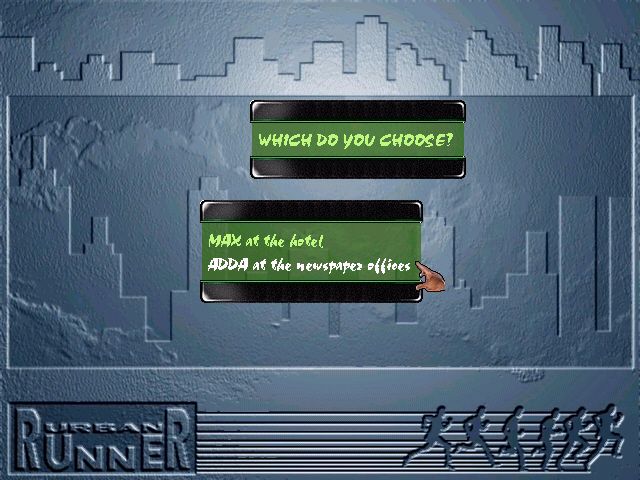 Urban Runner (Windows 3.x) screenshot: During some parts, you can choose which character to play first.