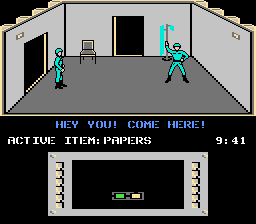 Infiltrator II (NES) screenshot: Inside a building at the enemy base.