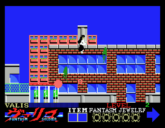 Valis: The Fantasm Soldier (MSX) screenshot: You can jump over buildings