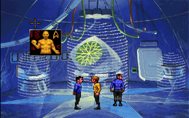 Star Trek: Judgment Rites (DOS) screenshot: Kirk, Spock and McCoy survey an alien location in the SENTINEL episode (note the Golden Boy interface: you choose all your commands from it)