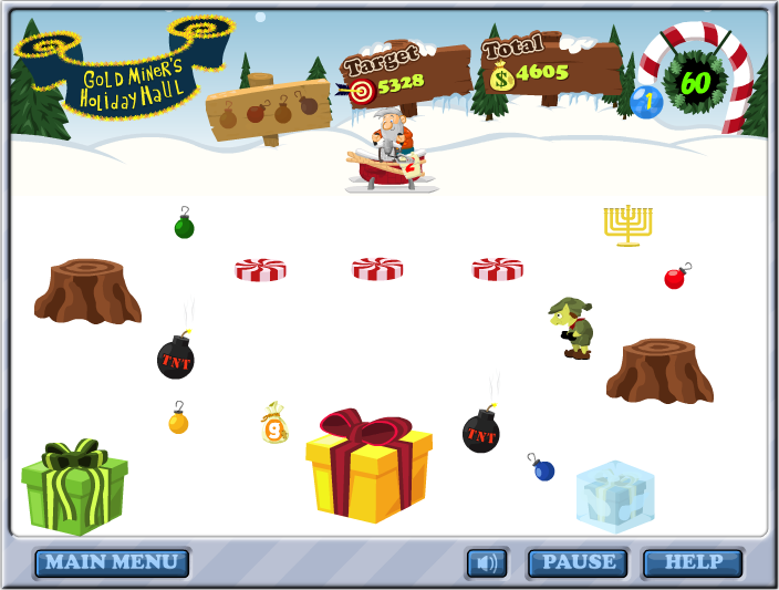 Gold Miner: Holiday Haul (Browser) screenshot: Level 4: catch the four ornaments for a secret level.