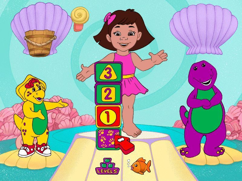 Barney Under the Sea (Windows) screenshot: This game is BJ's Giant Shell. As with all the games in this title there are three levels of difficulty and an 'explore' option