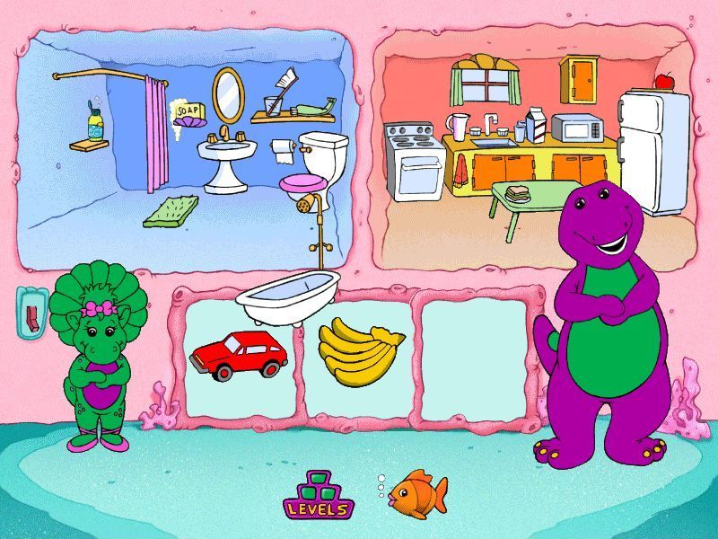 Barney Under the Sea (Windows) screenshot: This is Baby Bop's Mermaid Castle, level two, where the player puts one object in the room on the right and another in the room on the left